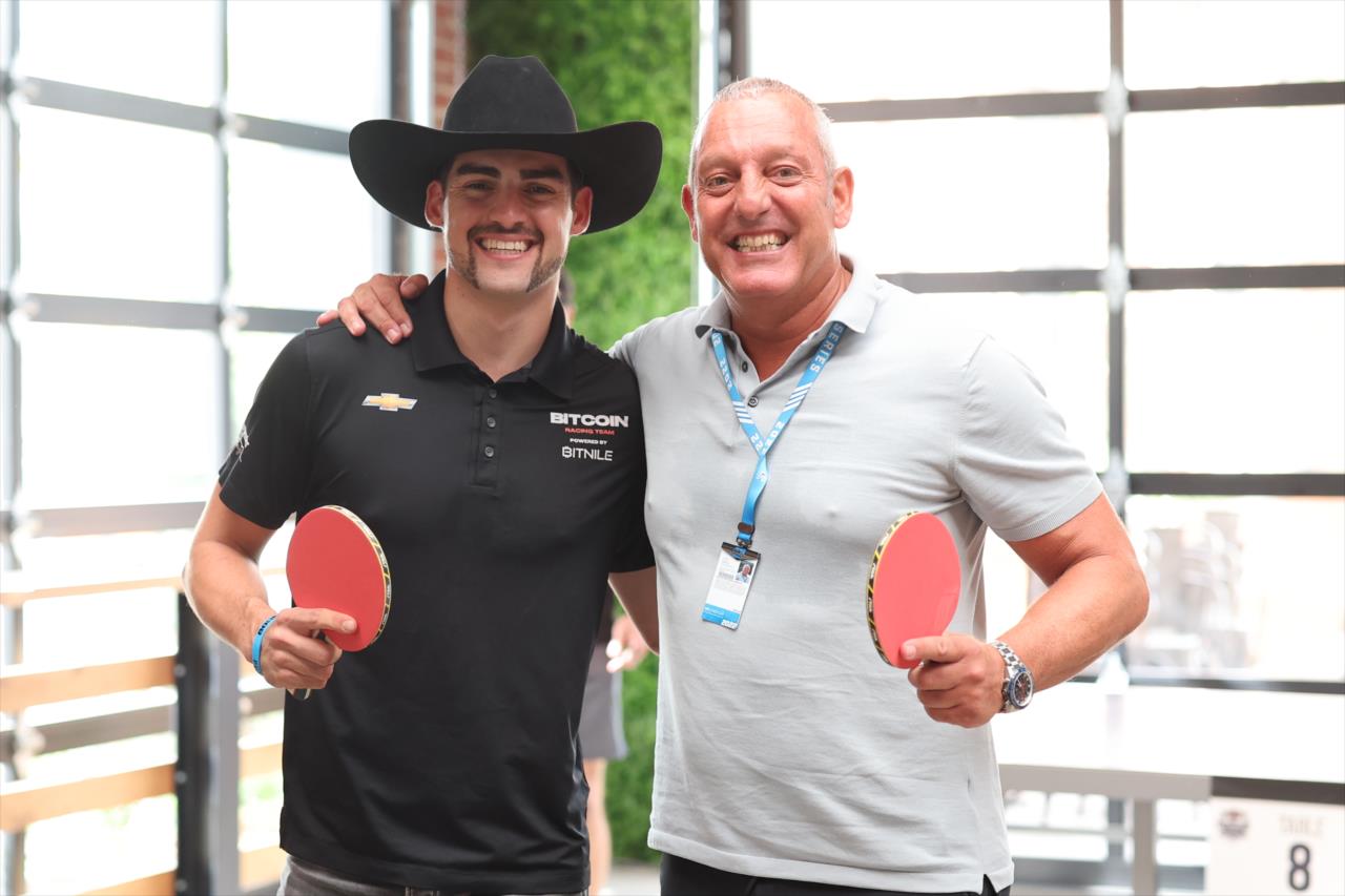 Rinus VeeKay and his father - Josef Newgarden's Celebrity Ping Pong Challenge - By: Chris Owens -- Photo by: Chris Owens